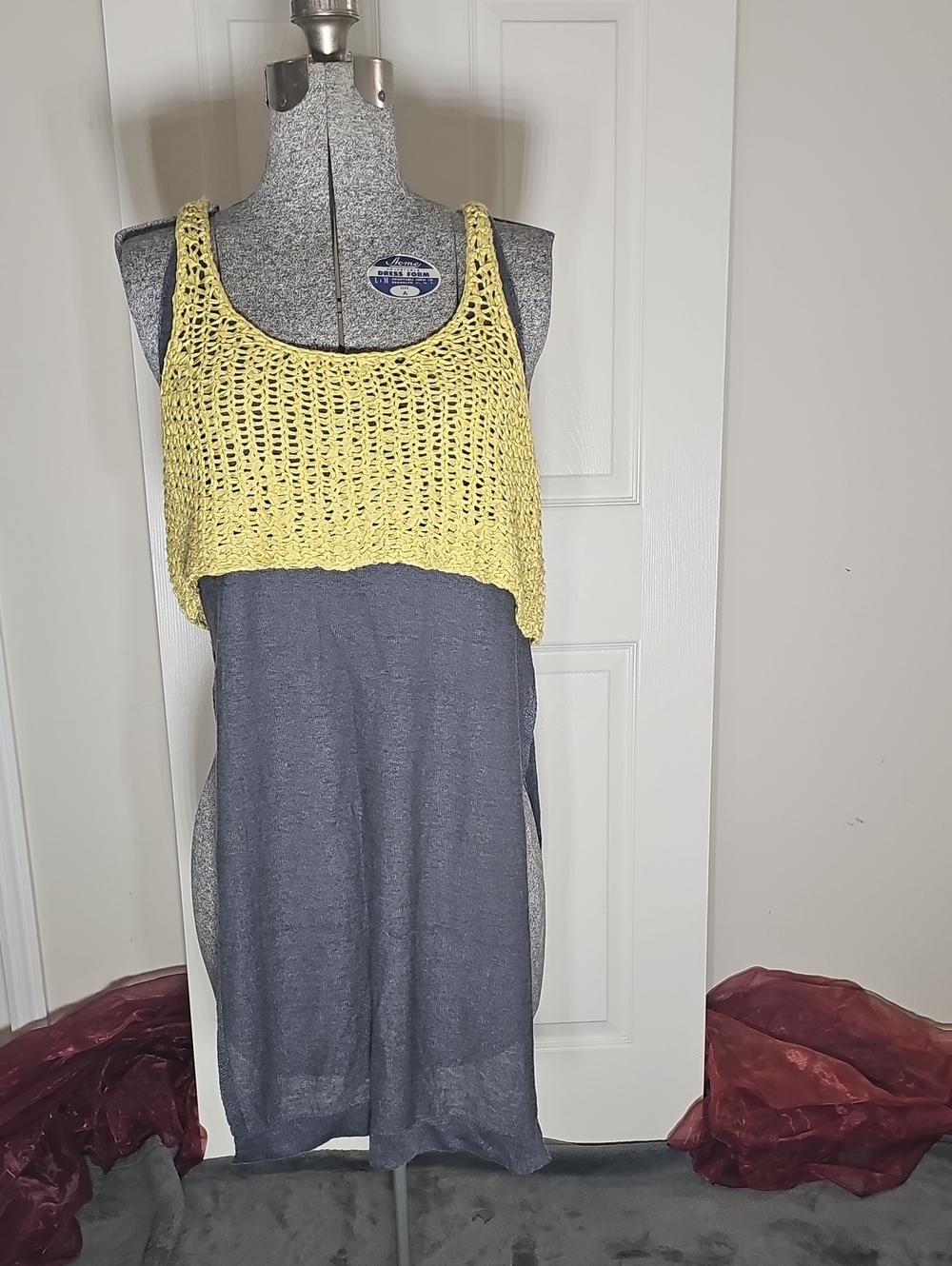 Free People Linen Blend Two Fer Layered Crochet Open Knit Tunic Tank Gray Yellow